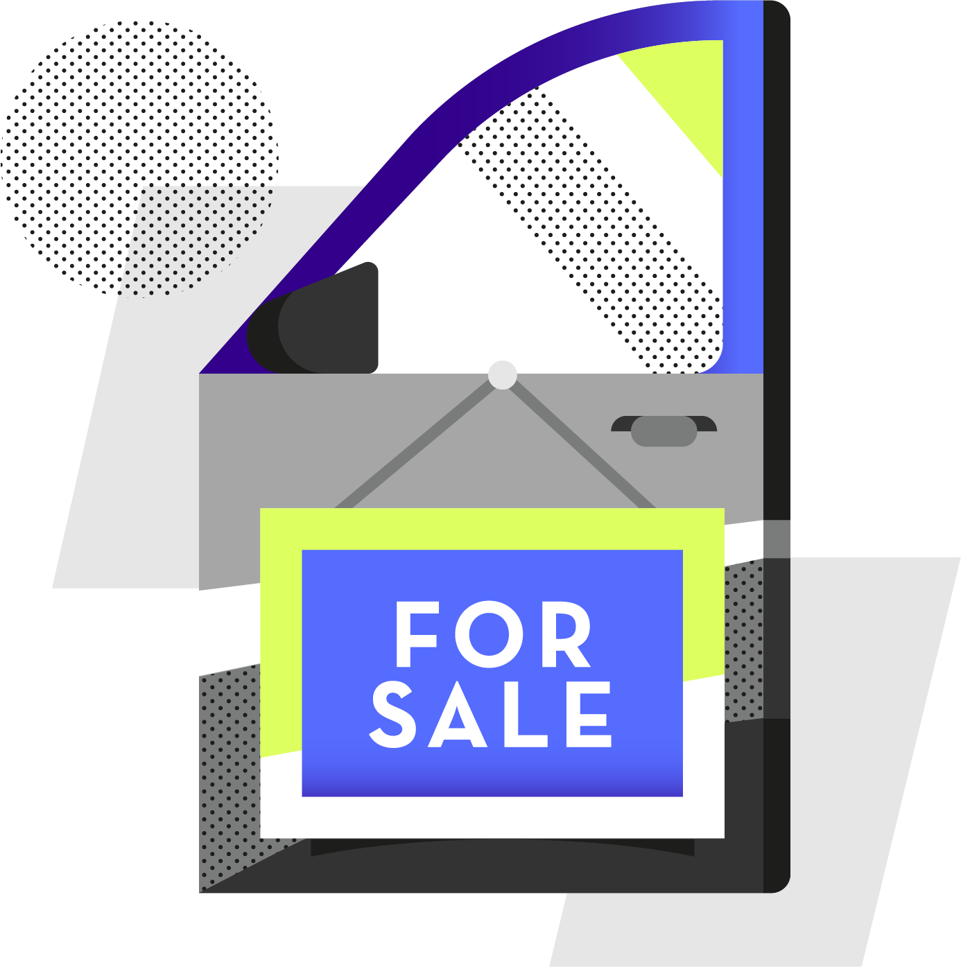 Illustration of a car door with a For Sale sign