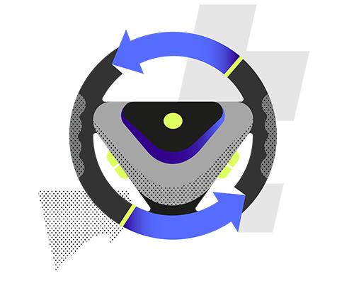 Illustration of a steering wheel and circular arrows